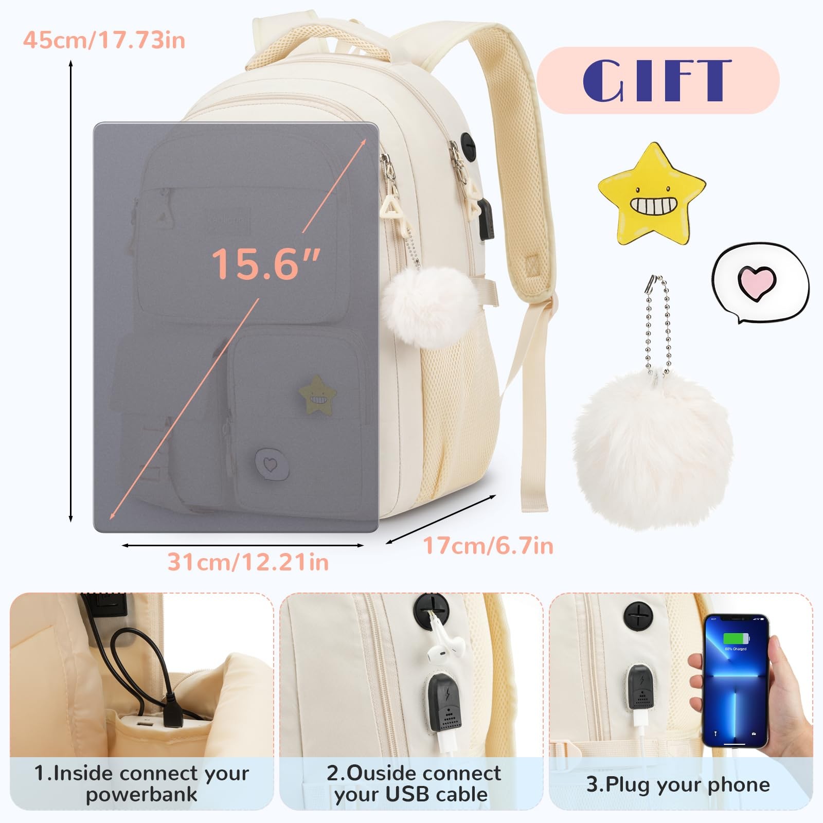 Cute Middle High School Bags Bookbag For Teen Girls Laptop Backpack Beige