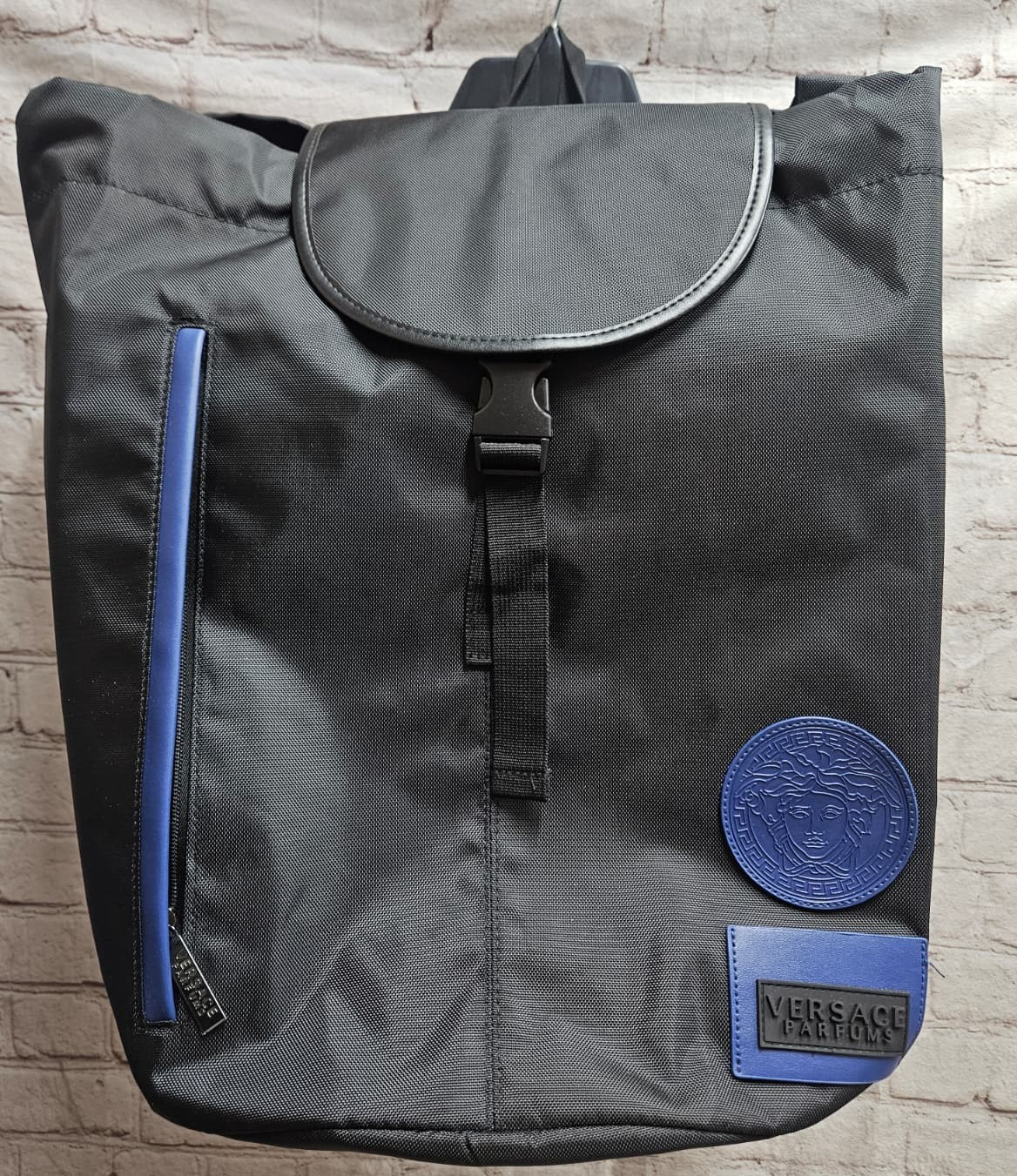 Versace Parfums Black Nylon Drawstring Travel Backpack – Large Blue Medusa Logo