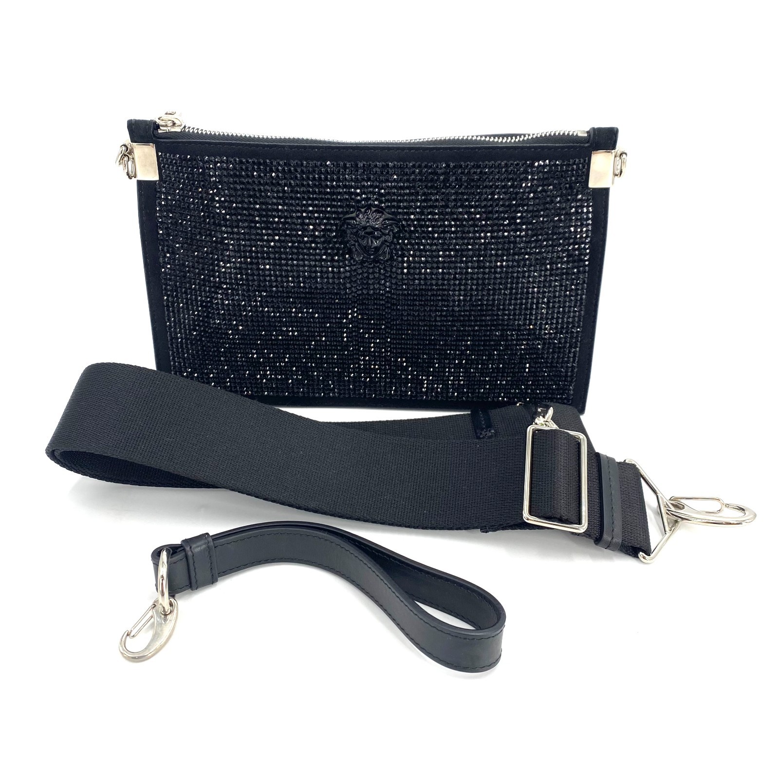 Versace Black Suede Crystal Medusa Clutch & Crossbody Bag/h24685