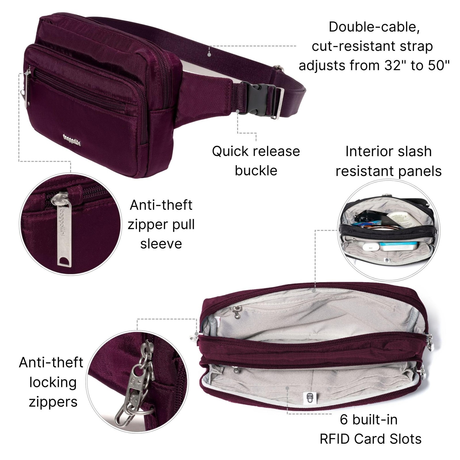 Baggallini Securtex Anti-theft Belt Bag 8.8″x5.5″ One Size, Mulberry