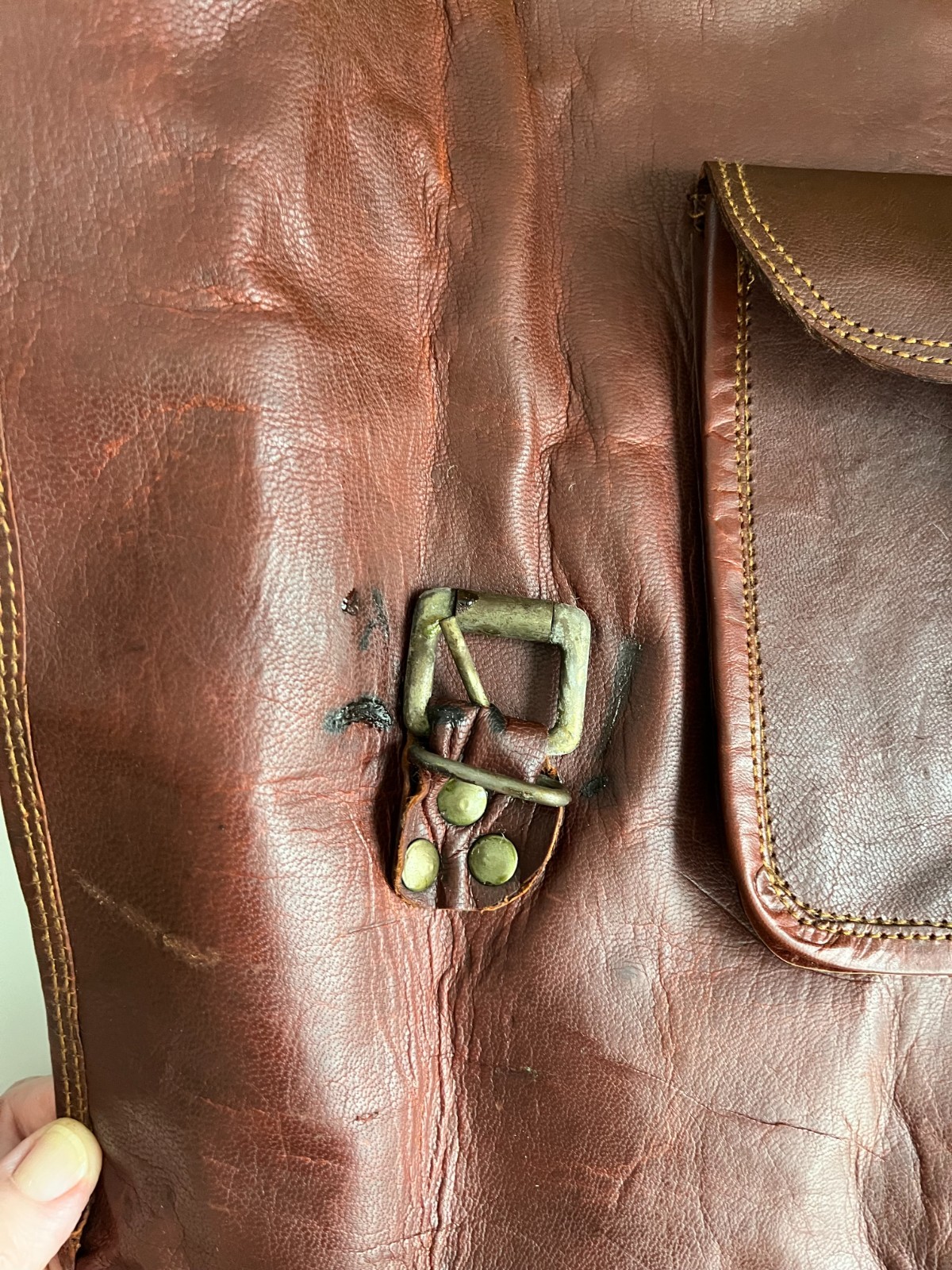 Large Brown Leather Messenger Bag with Buckled Pockets & Zip Top, Made in India