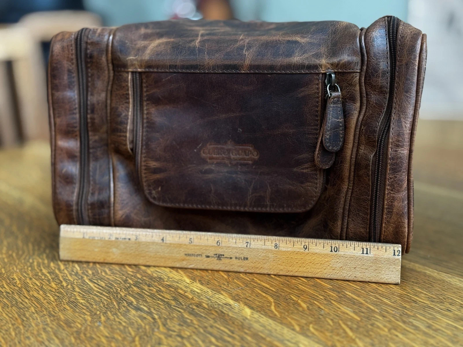 Large Full Grain Leather Dopp Kit Shaving Toiletry Travel Bag Brown
