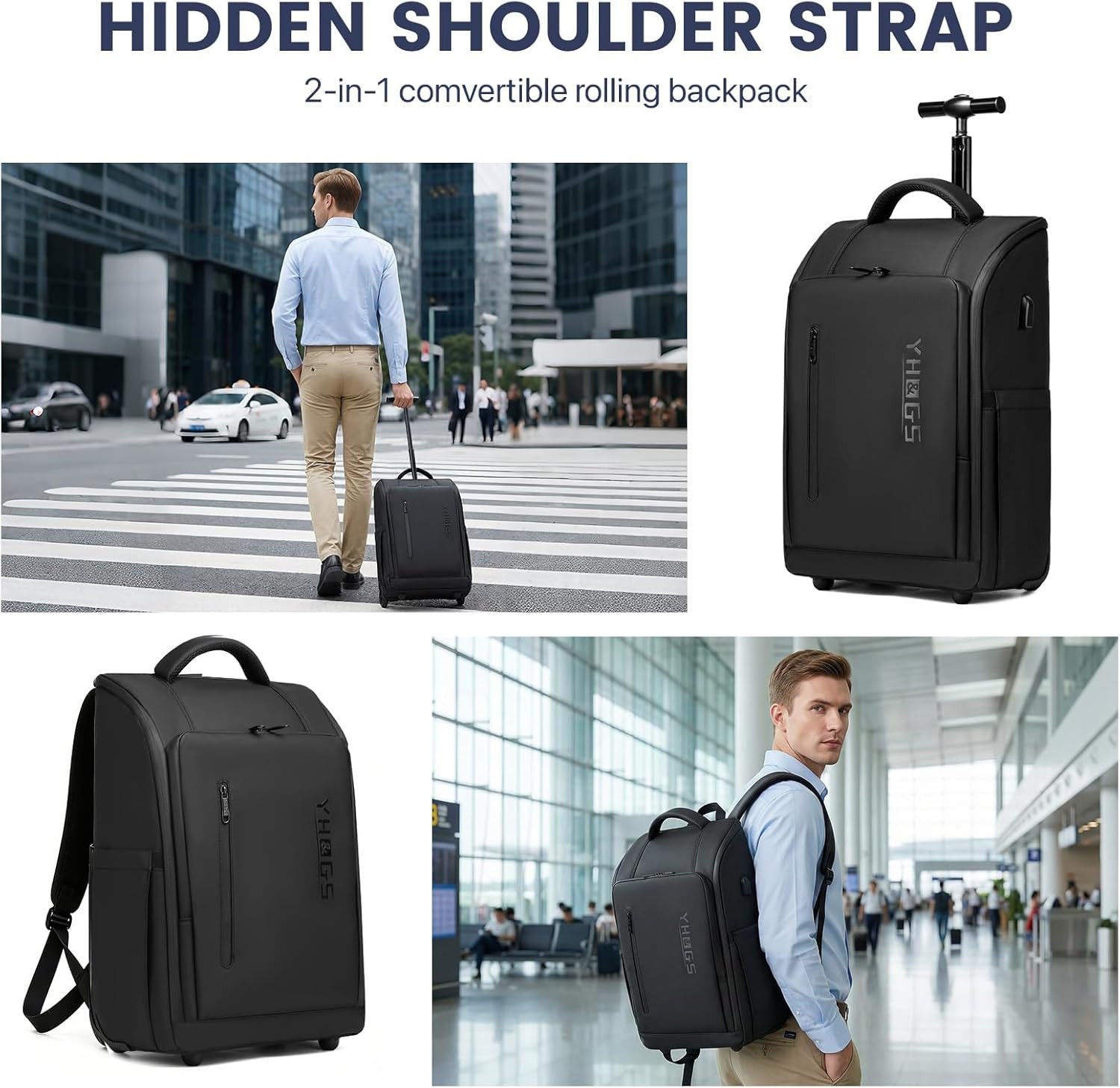 Rolling Backpack with Wheels 15.6 Inch Laptop Travel Carry On Waterproof Black