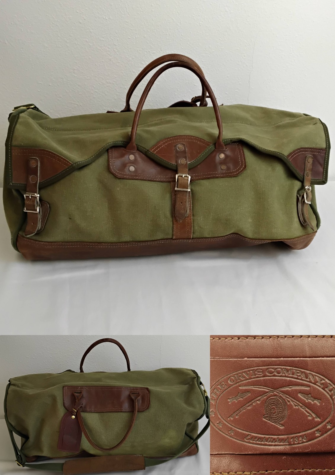 Gokeys/Orvis Canvas + Leather Hunting Travel Bag Vintage Battenkill Green *J5793