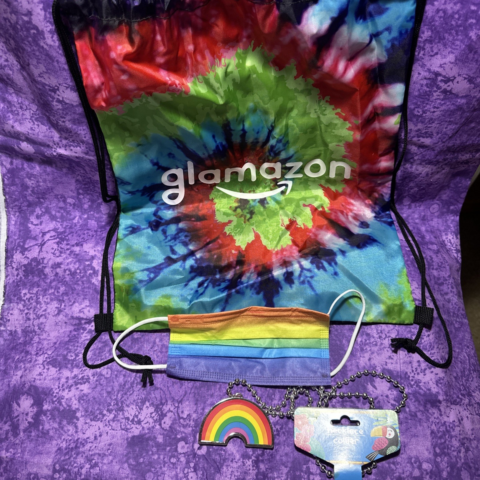 Glamazon Pride Drawstring Napsack, Unused Mask And Rainbow Necklace🌈