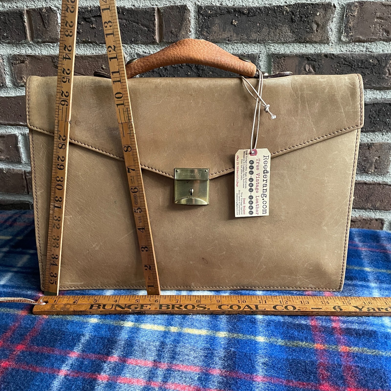VINTAGE 1970s BRITISH TAN STEERHIDE LEATHER BRIEFCASE BAG w/ MOOSE HANDLE R$998