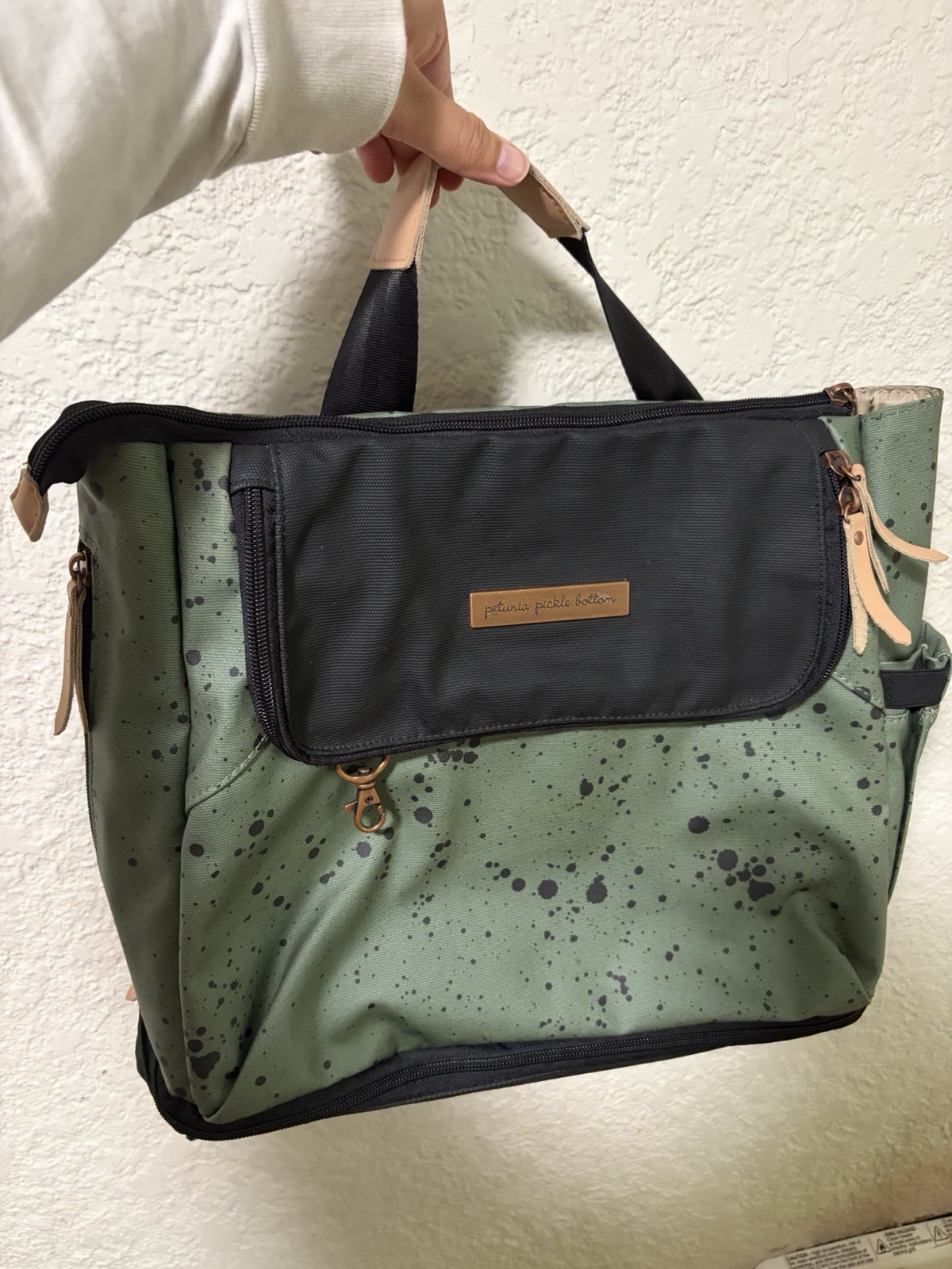 Petunia Pickle Bottom Green Black Splatter Convertible Backpack Tote Zip Pockets
