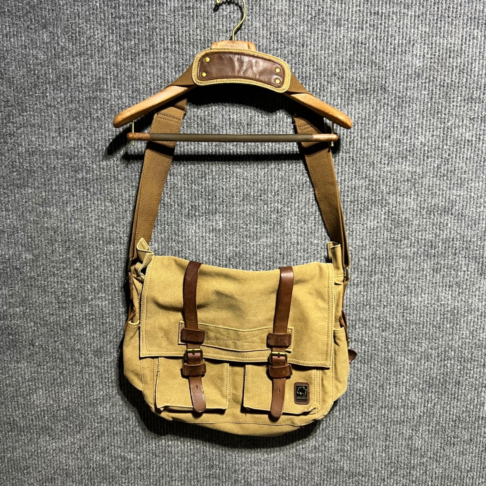 SC Cotton Messenger Bag Mens Large Tan Canvas Leather Trim Tactical Satchel