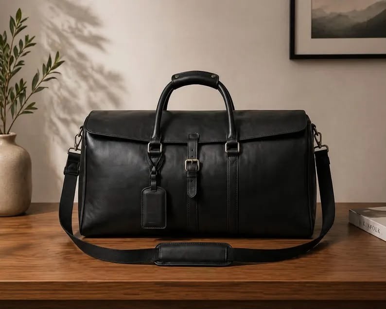 Men’s Genuine Leather Travel Duffle Bag Weekender Carry On Overnight Black