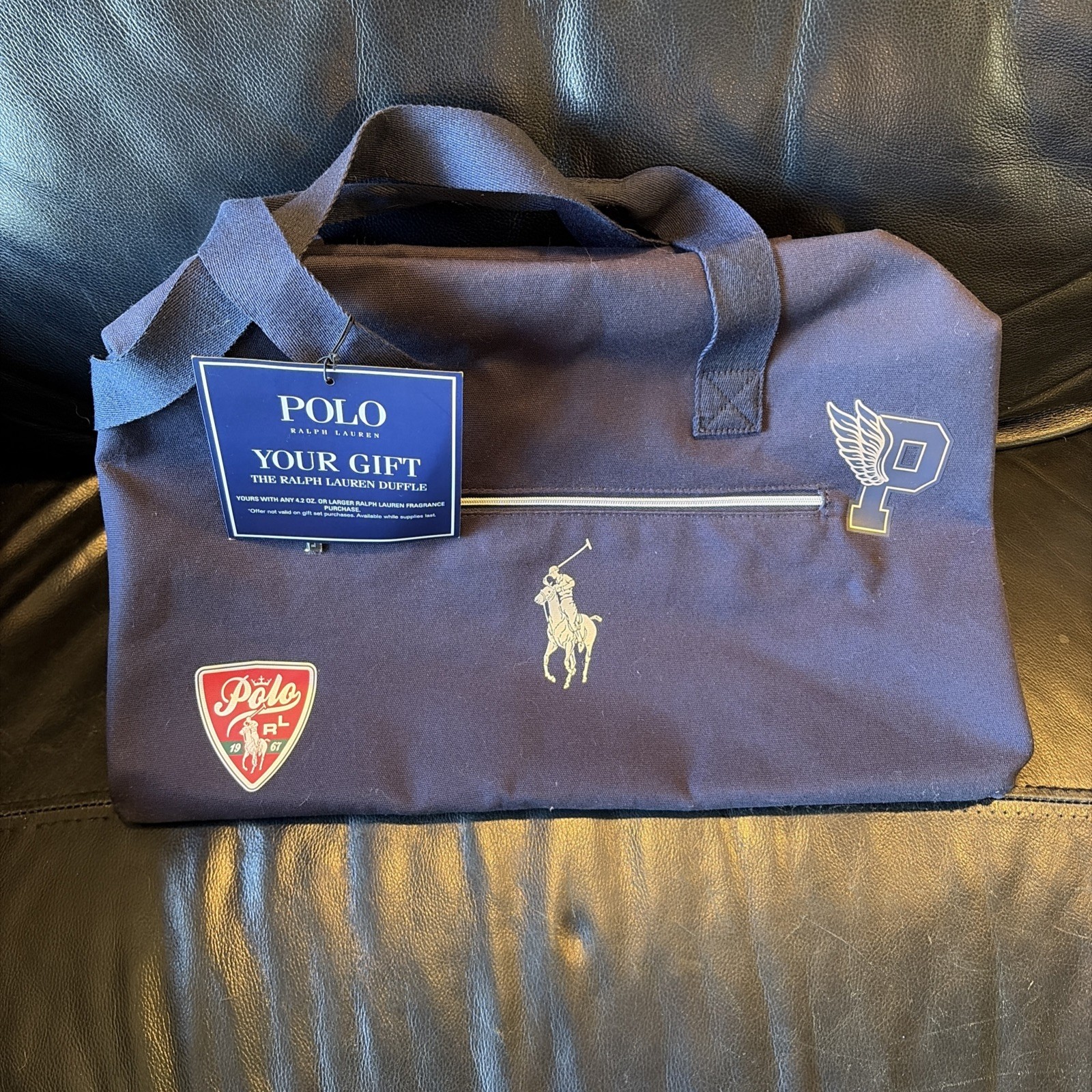 Polo Ralph Lauren Logo P Wing Patch Duffle Gym Travel Bag Navy Blue Brand New