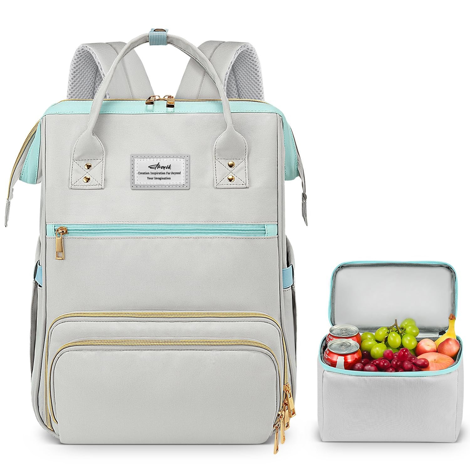 Grey Blue 15.6 In Laptop Lunch Backpack USB Port Insulated Cooler Tote Bag