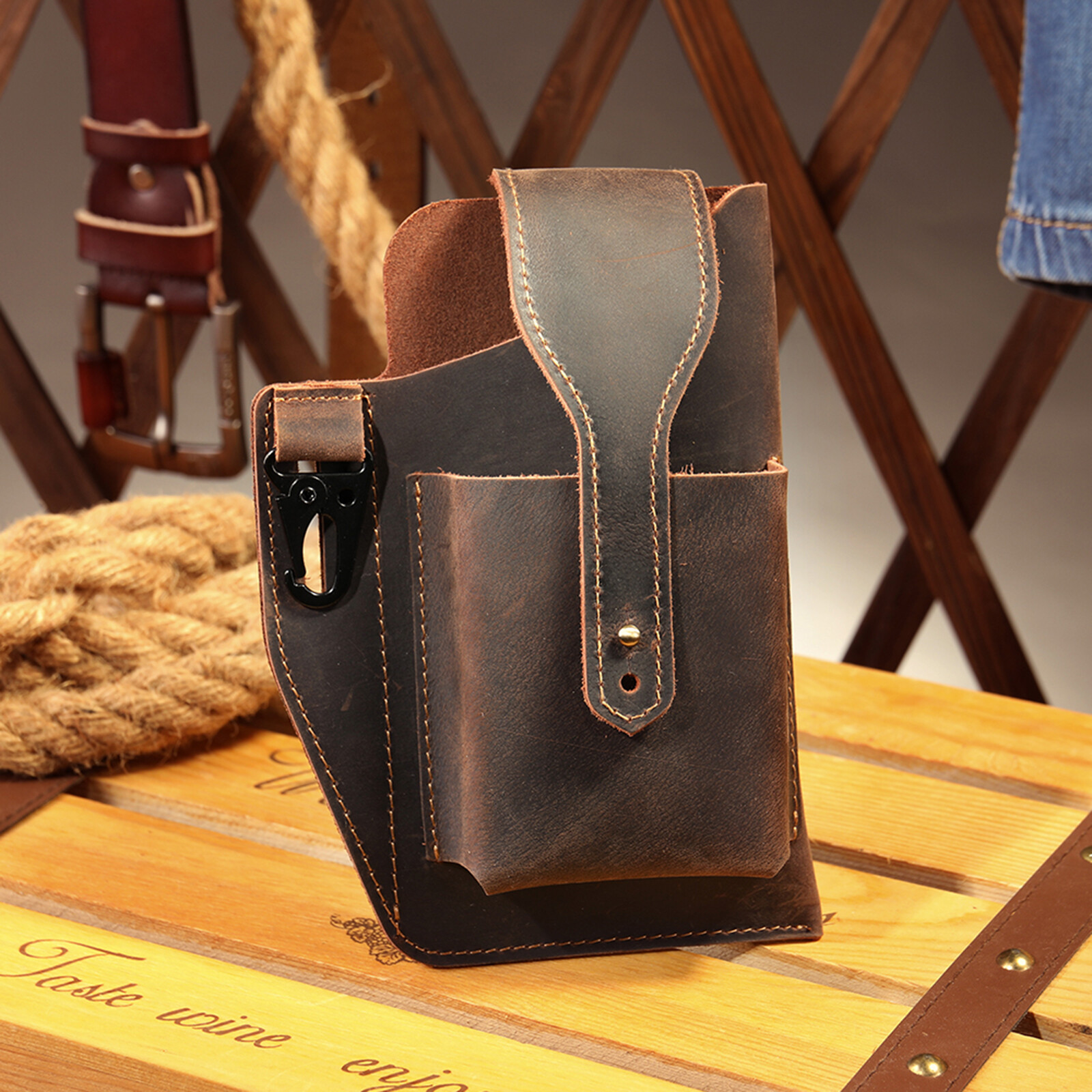 Men’s Leather Belt Pouch Phone Holder with Key Clip Vintage Waist Bag