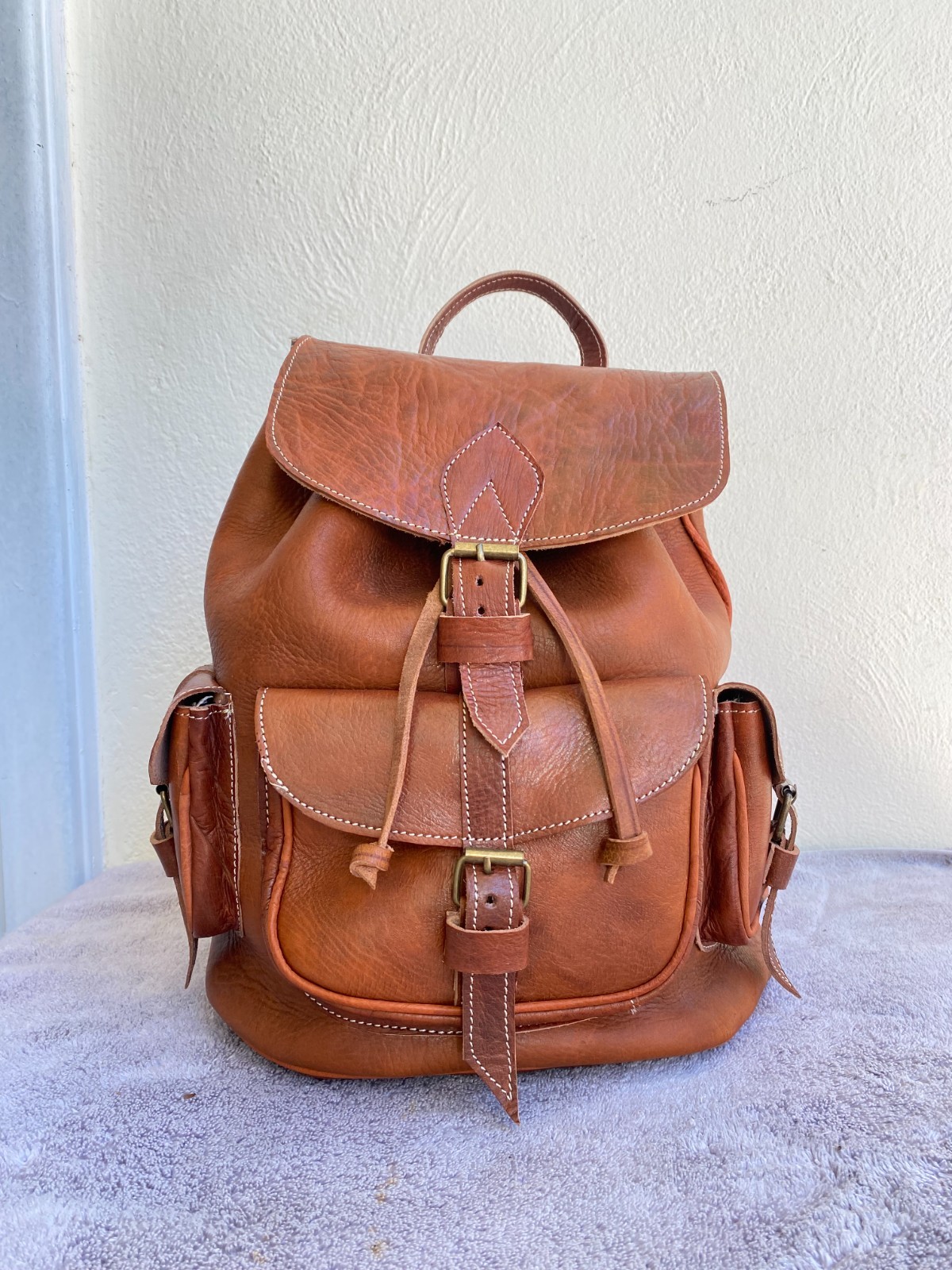 Cognac Leather Backpack Handmade Morocco Belt Buckle Front Back Pocket