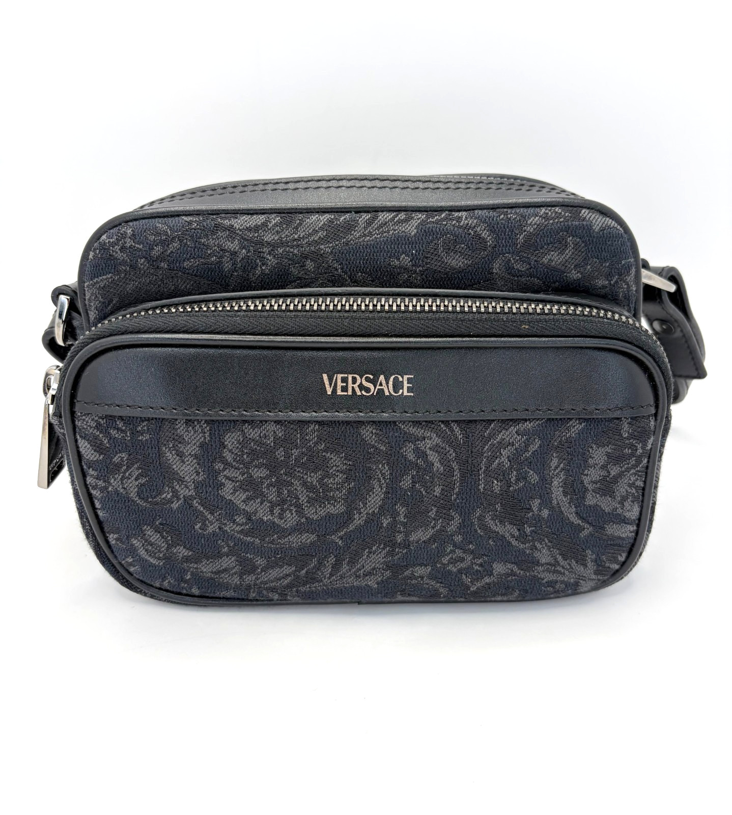 VERSACE Black Jacquard Barocco Athena Messenger Crossbody Bag Canvas Mens NWOT