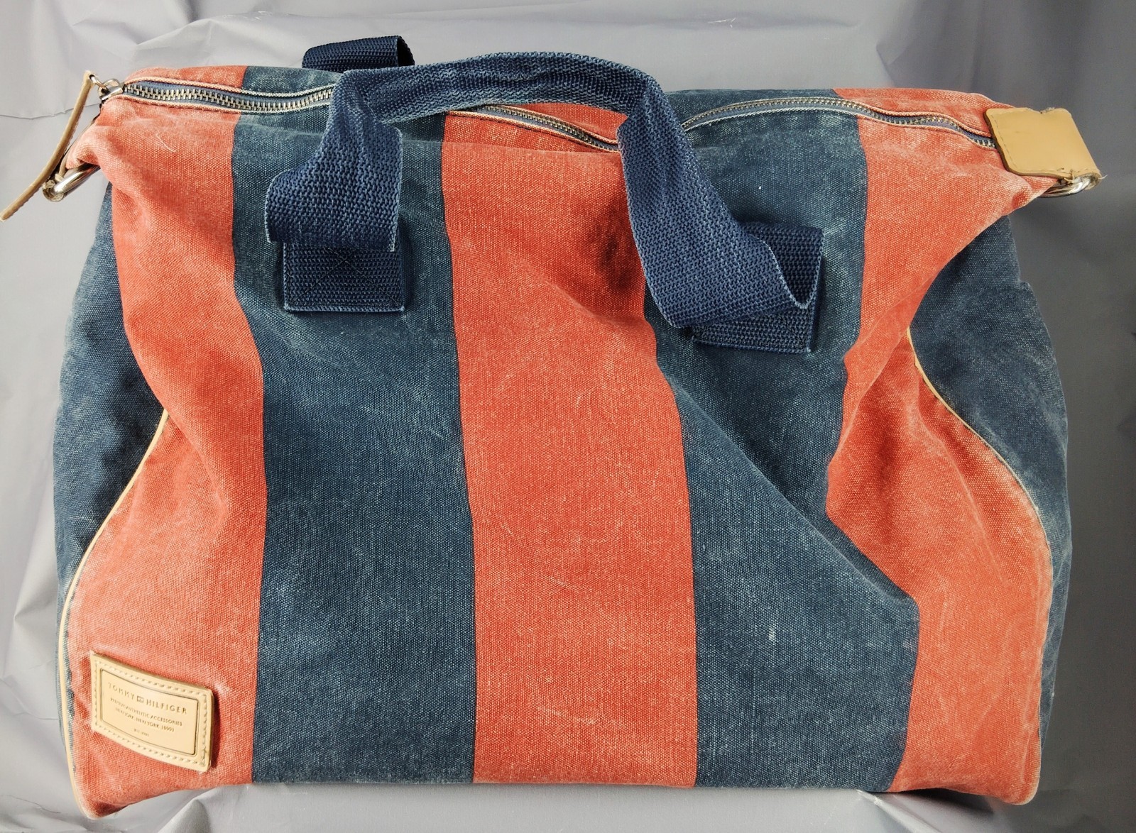 Vintage Tommy Hilfiger Canvas Duffel Bag Red Navy Stripe Weekend Travel Tote No