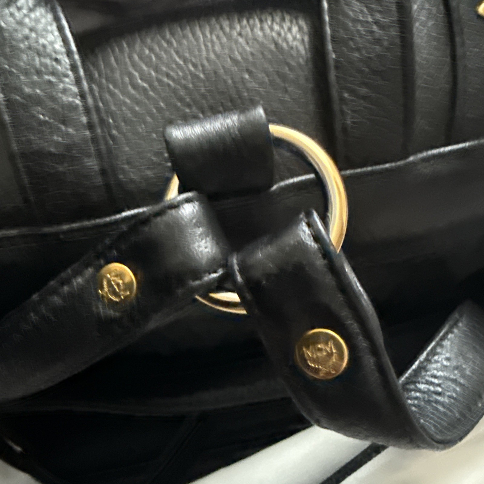 Authentic MCM Black Leather Studded Backpack Medium Drawstring Gold Hardware