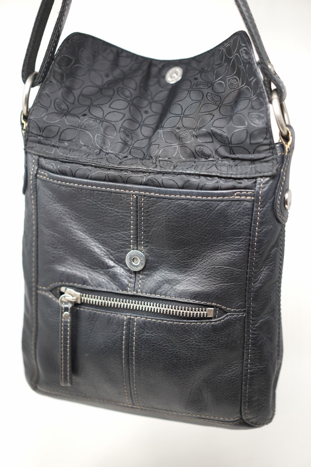 Fossil Black Genuine Pebbled Leather Crossbody Organizer Messenger Bag Purse