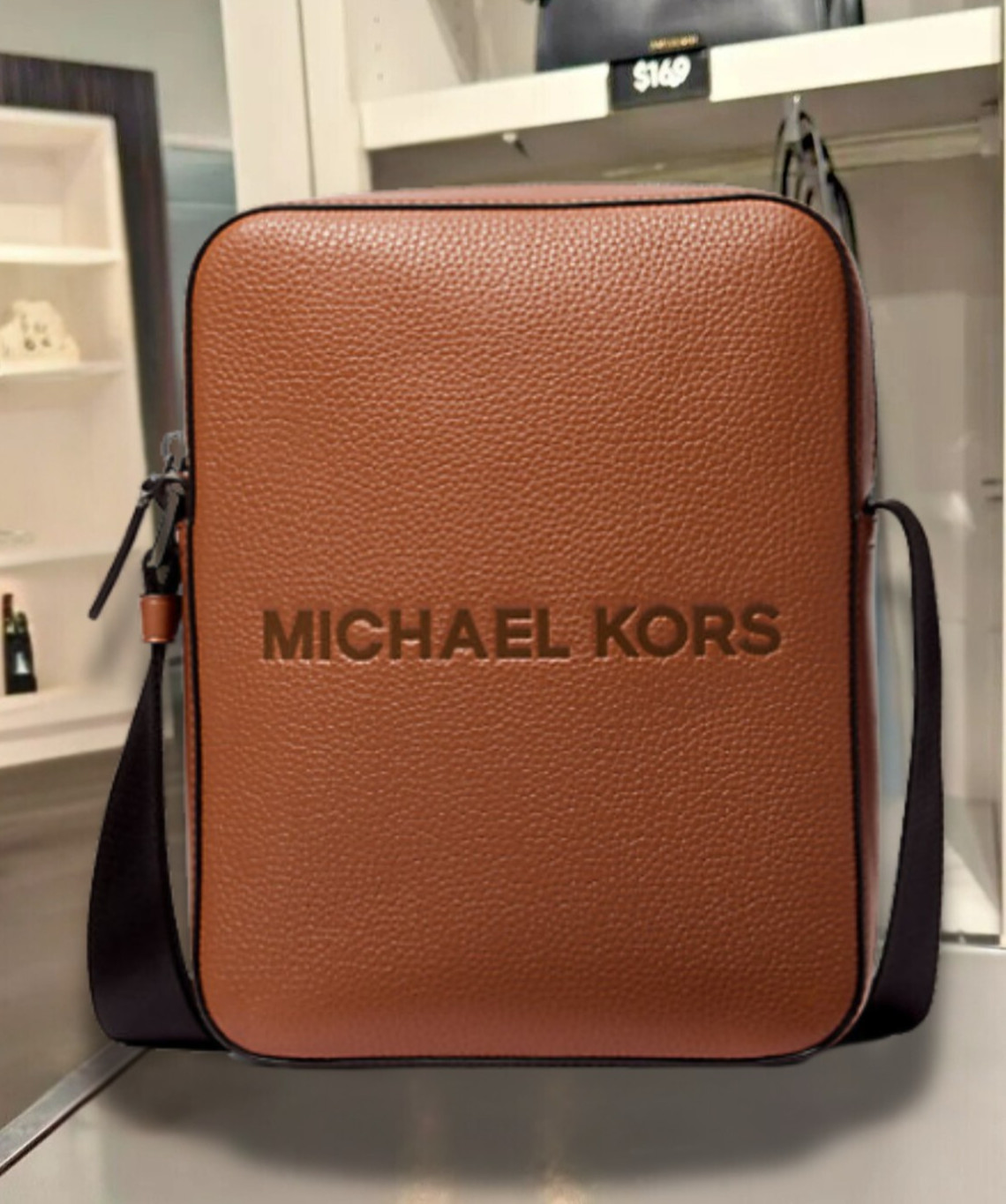 Michael Kors Cooper Men Logo Embossed Leather Crossbody Messenger Bag Luggage