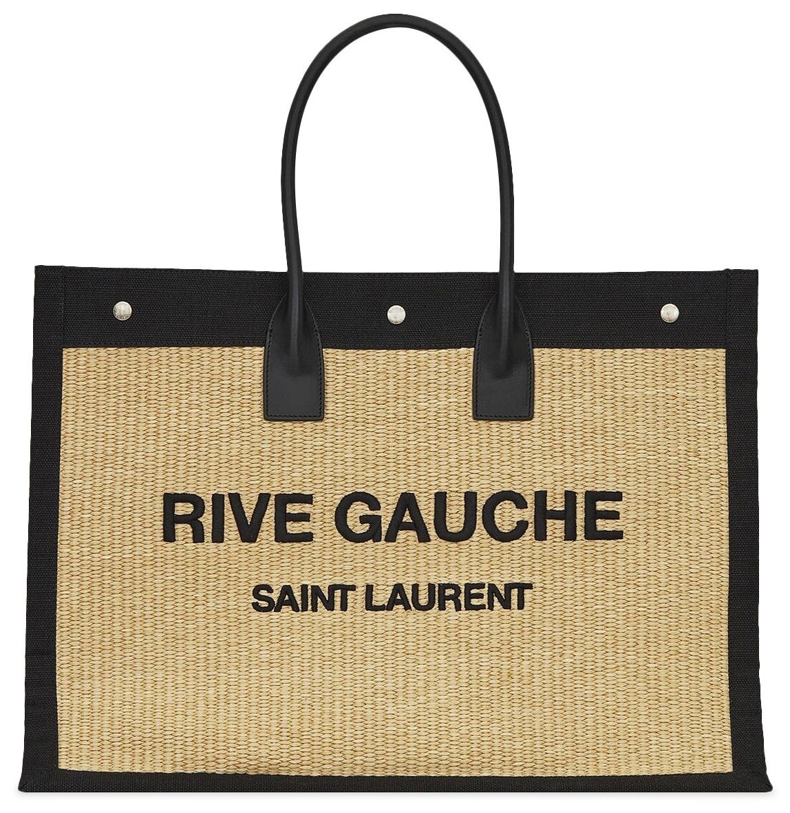 NWT Saint Laurent YSL Rive Gauche Raffia Beige Black Canvas Logo Tote Bag $3450