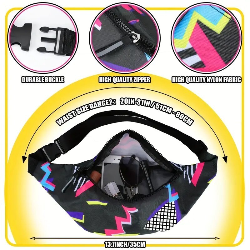 New 80’s 90’s Retro Hat Fanny Pack Waist Pack Earrings 3 Piece Set Costume Party