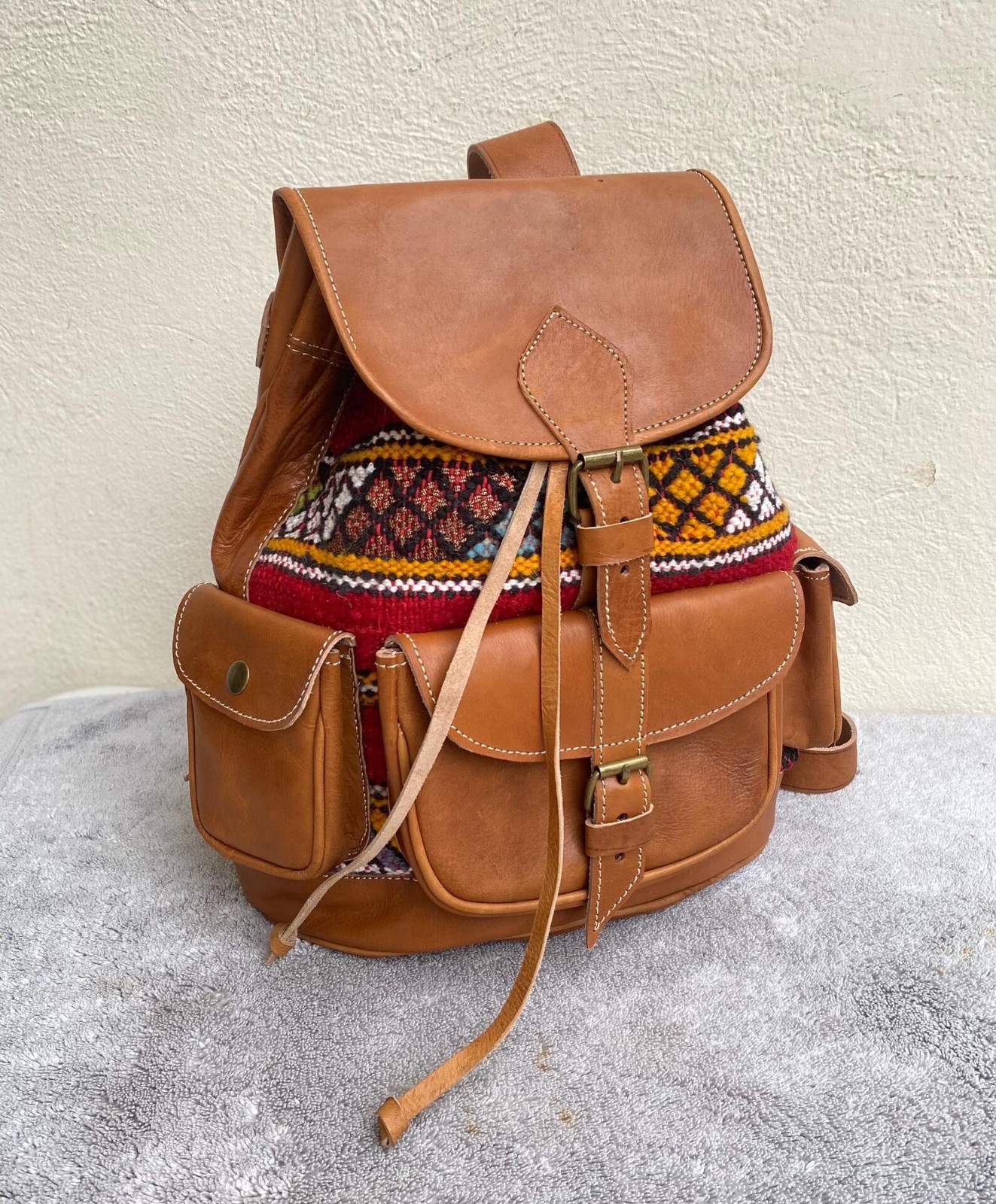 Handmade Genuine Leather & Kilim Backpack – Moroccan Artisan Backpack 40×28 cm