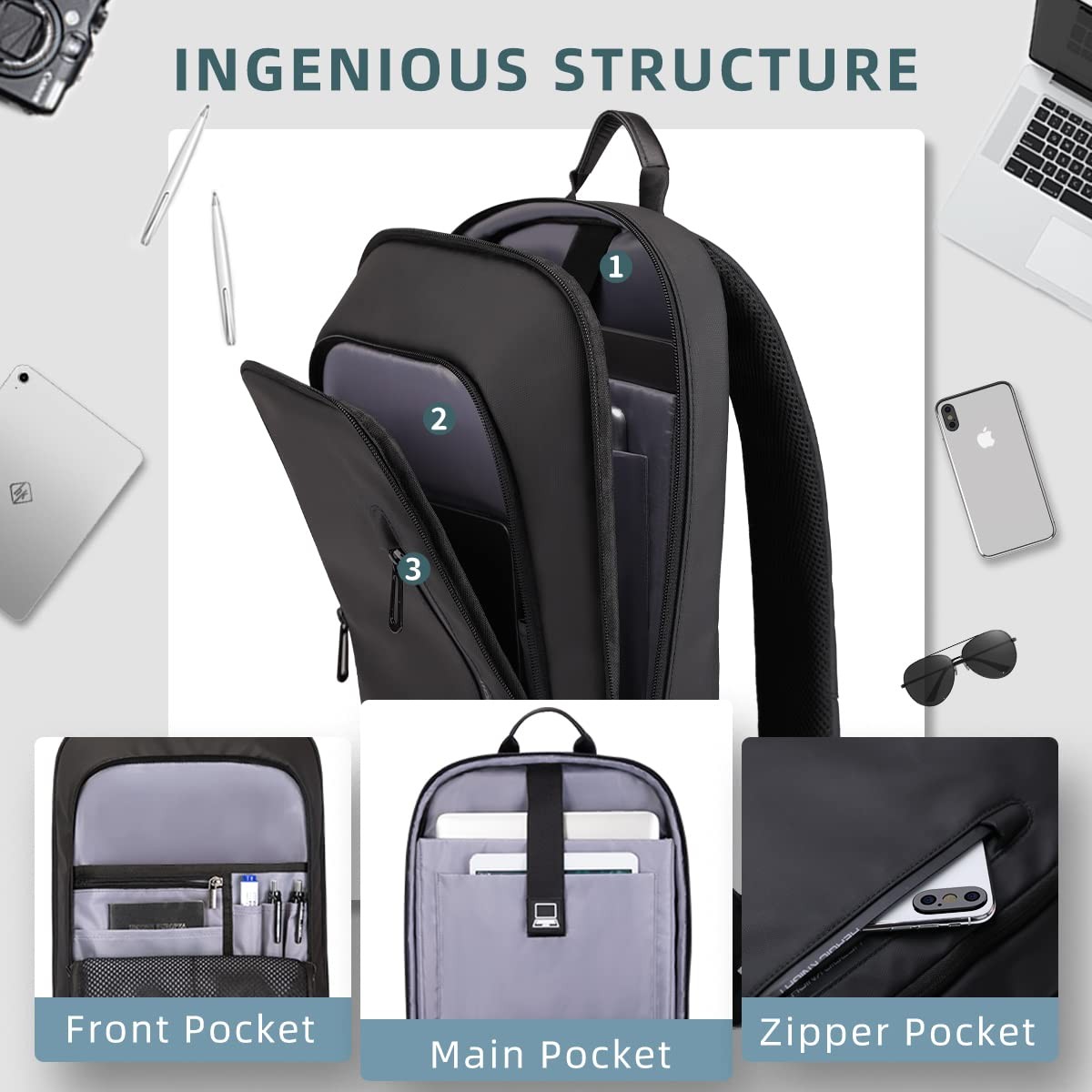 hk Backpack for Men Business Slim Backpack with USB Charger Computer Lightwei…