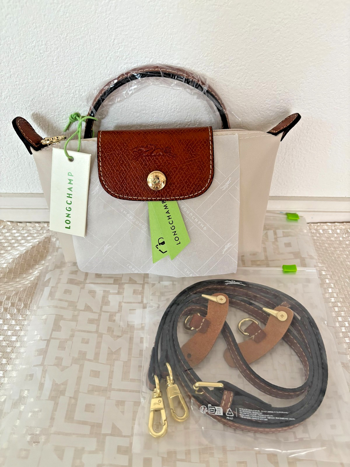 Longchamp Le Pliage XS White Brown Crossbody Nylon Top Handle Mini Bag