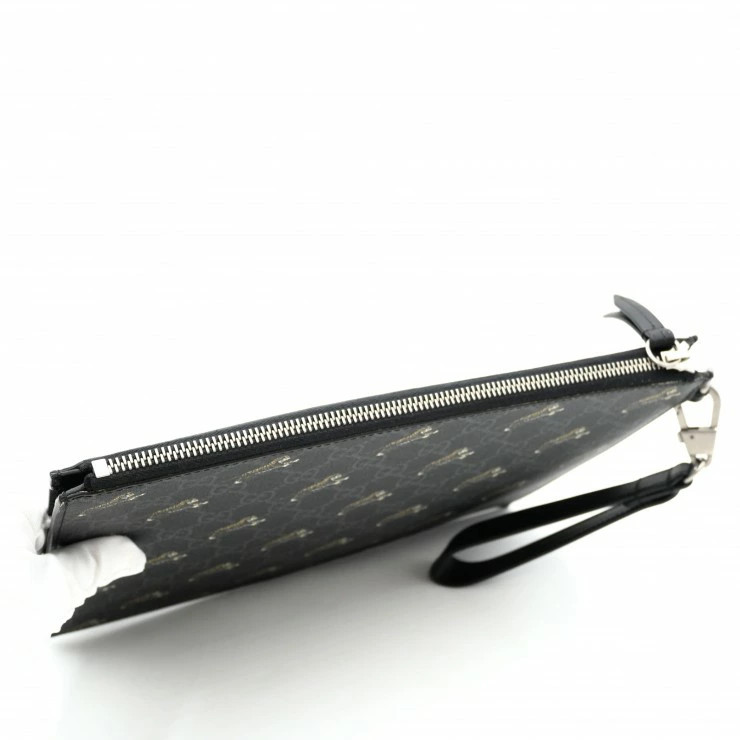 Gucci GG Supreme Tiger Print Clutch Bag Pouch Black PVC Leather Used