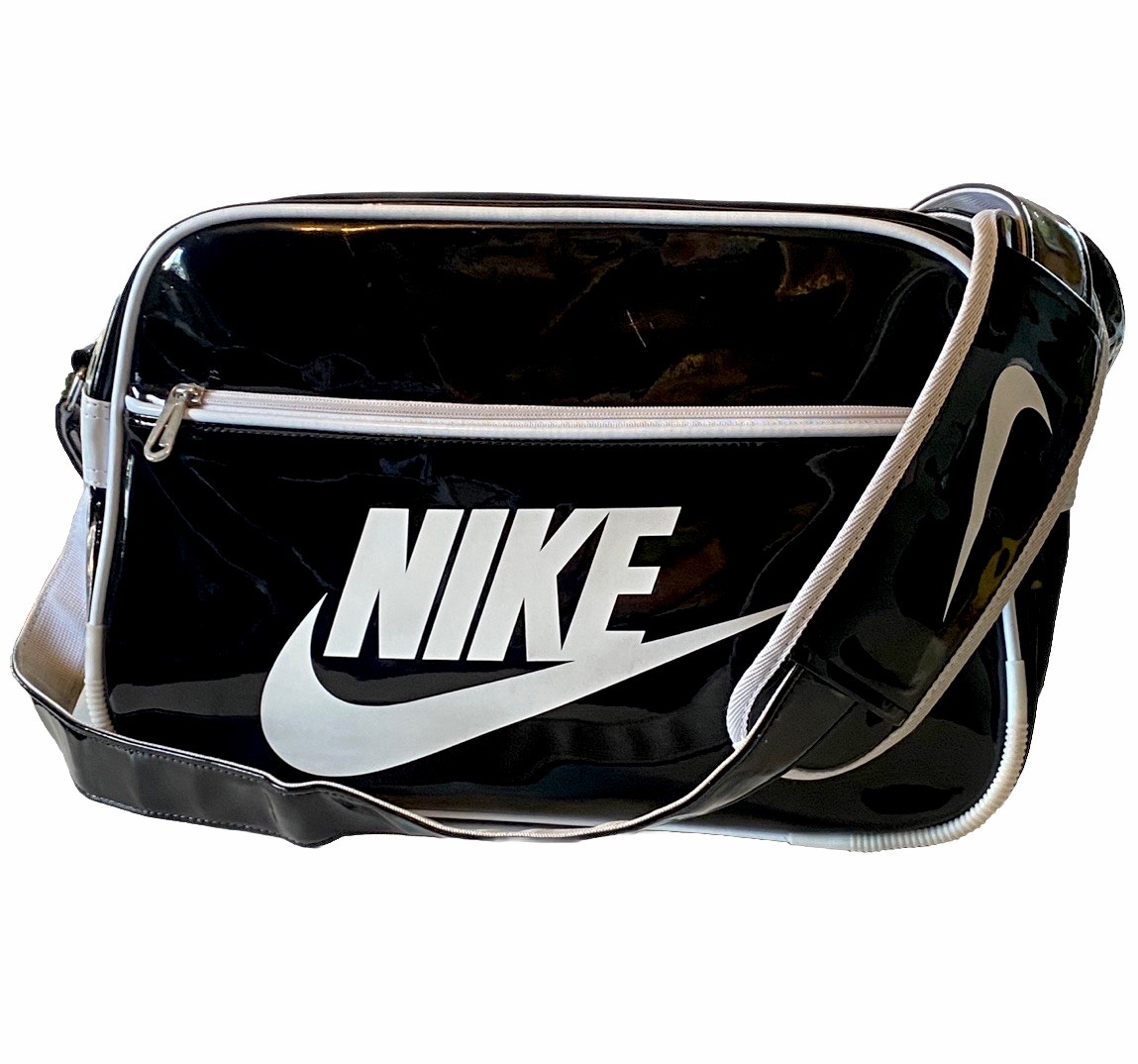 Vtg 90s Y2k Nike Patent Leather Messenger Gym Bag Side Body Black White Swoosh