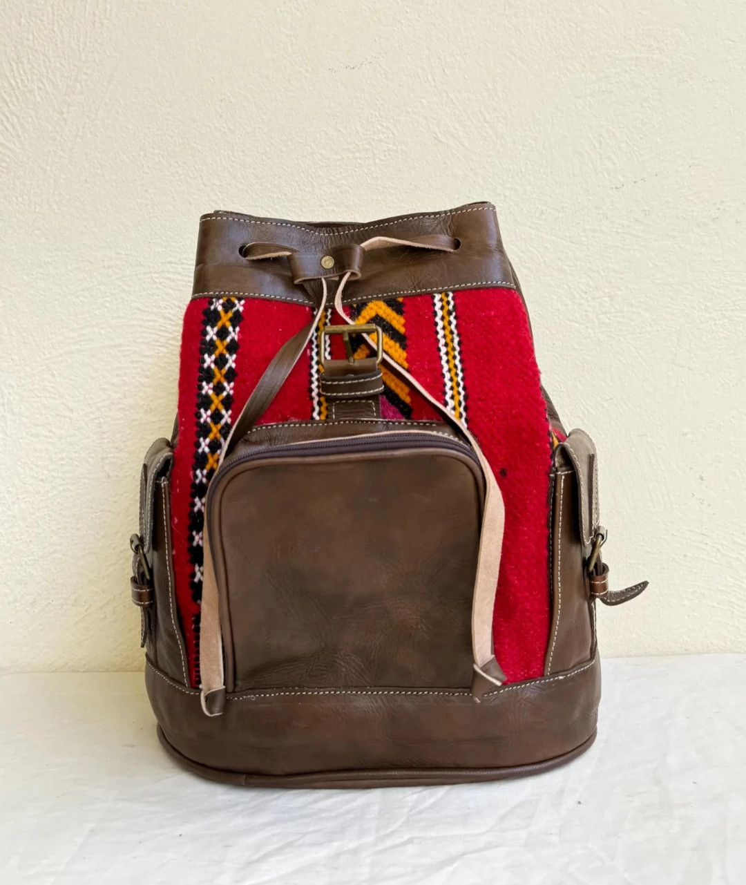 Handcrafted Genuine Leather & Red Kilim Backpack – Brown Leather | Central Zip