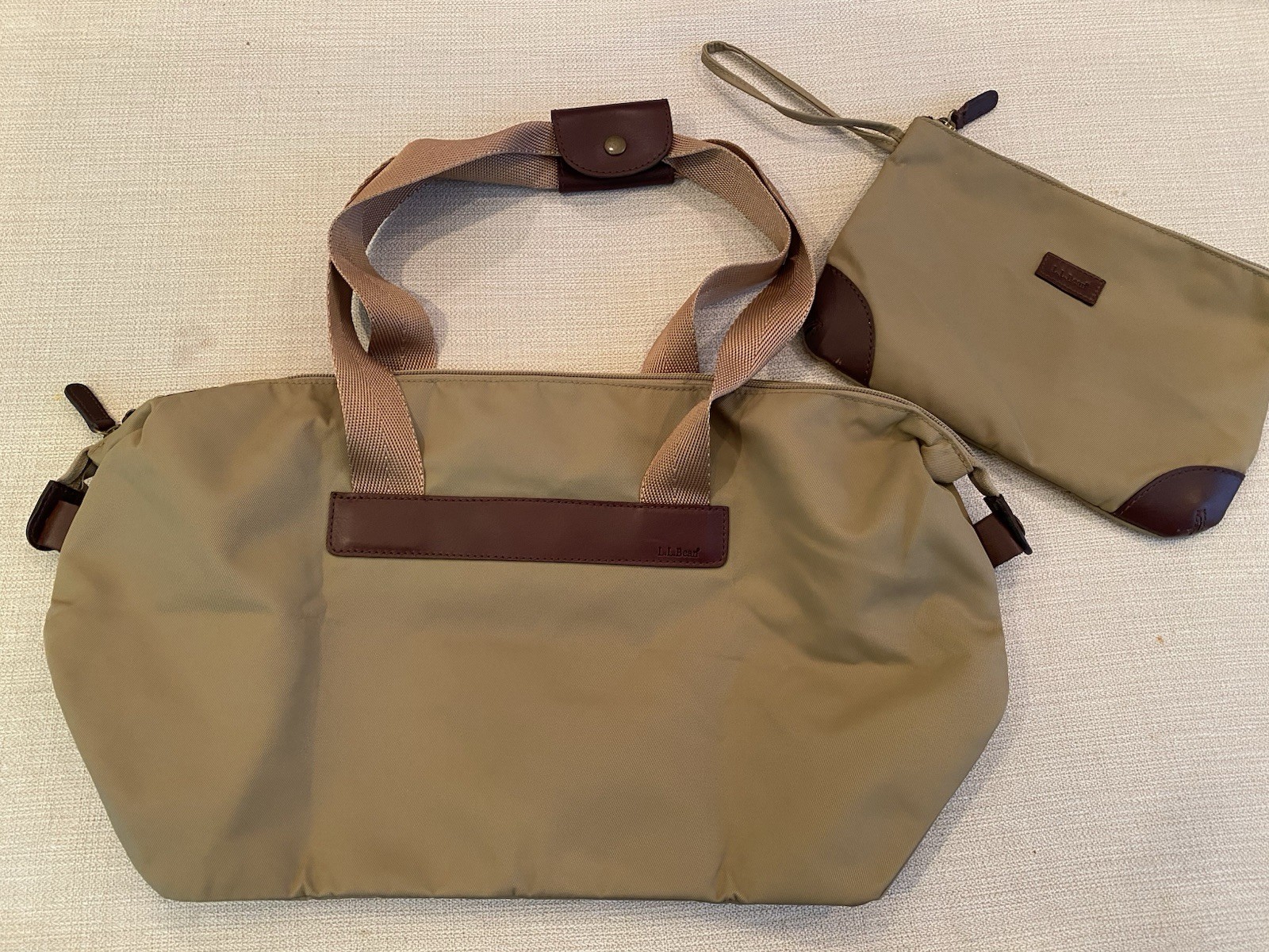L.L.Bean Khaki Nylon Travel Tote Weekender Bag