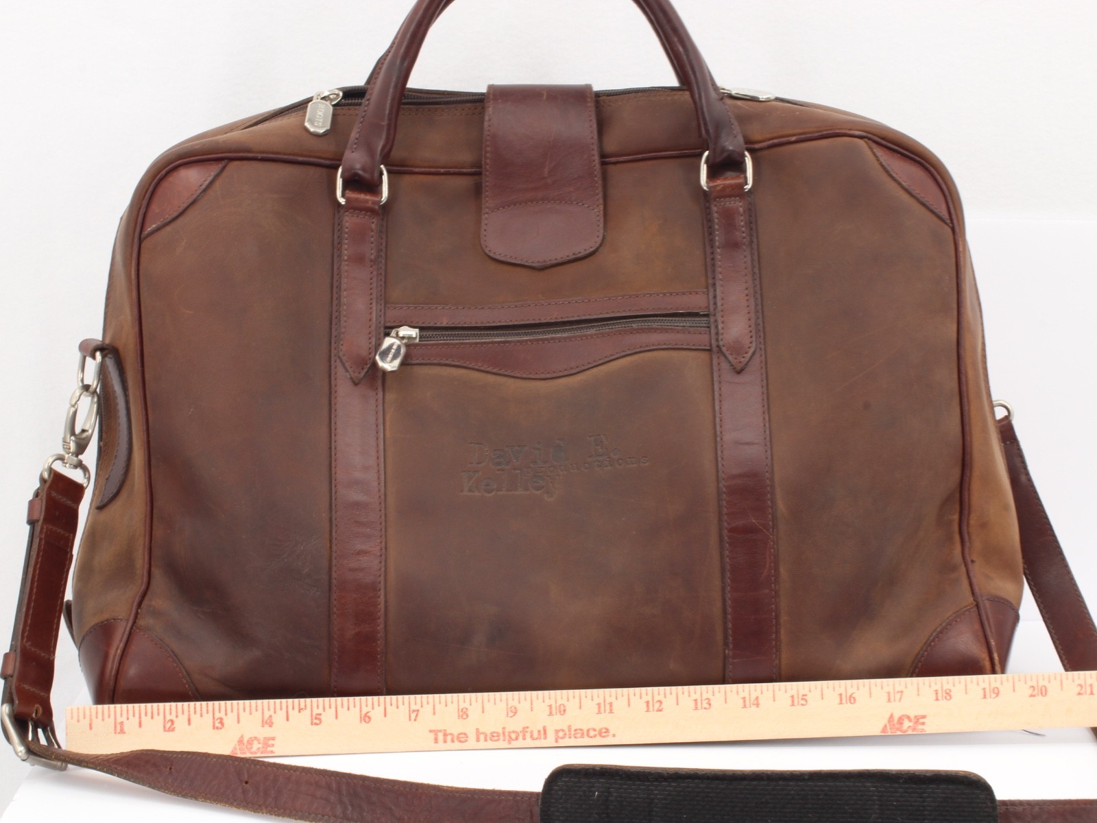 Roots Brown Leather Duffle Bag David E Kelley Productions Weekender Travel Bag
