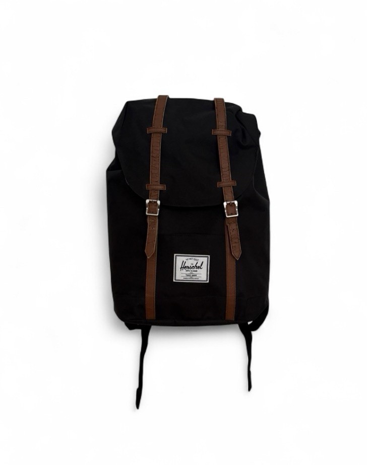 Herschel backpack Black With Brown Straps Red White Stripes Interior