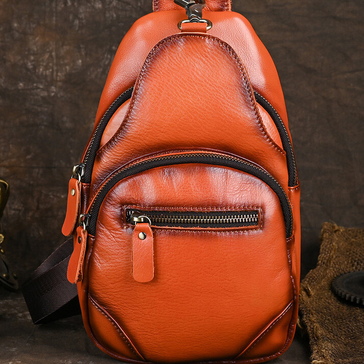 Top Cow Leather Sling Backpack, Men‘s Crossbody Chest Bag Causal Daypack