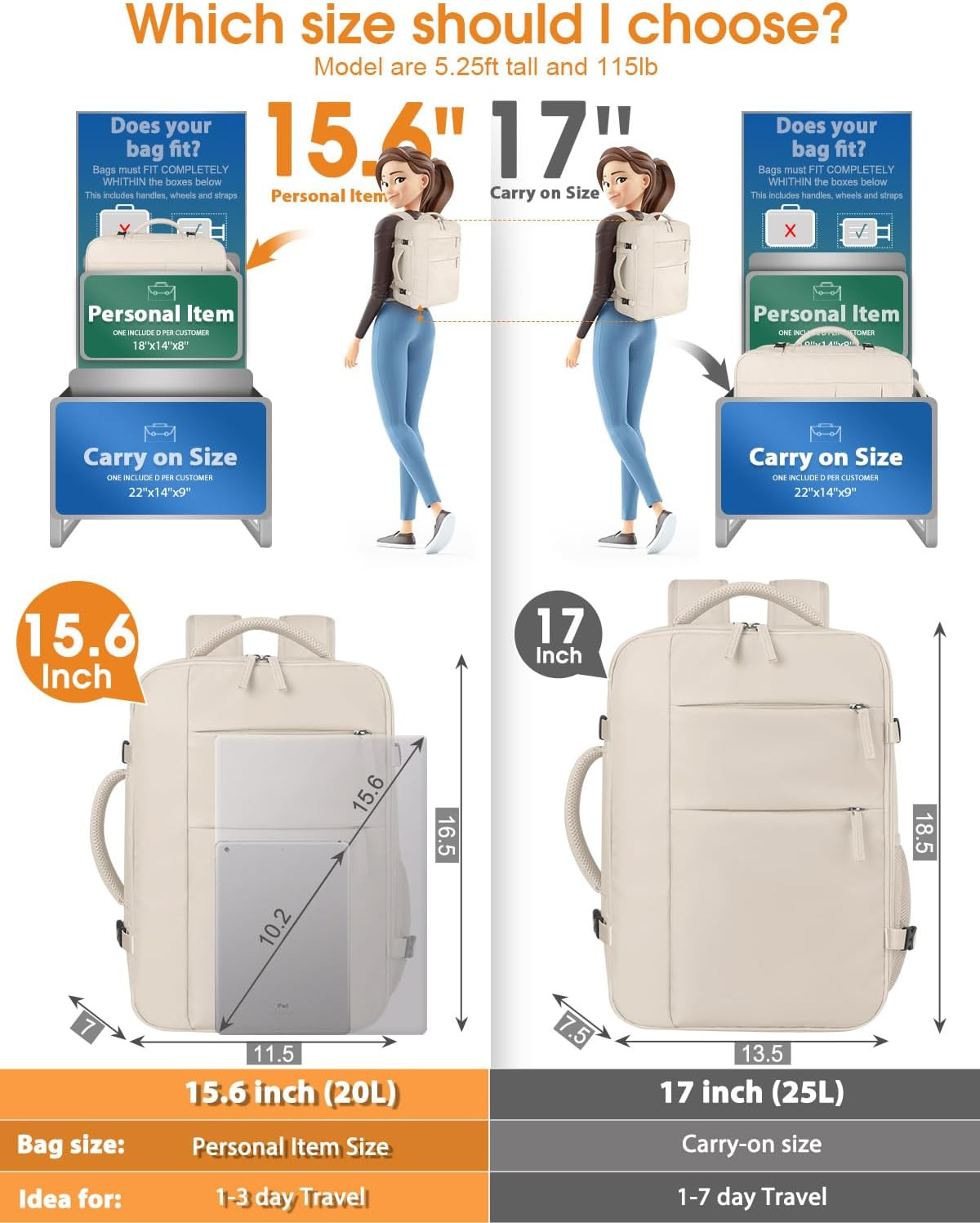 Travel Backpack Airline Approved Waterproof Laptop Backpack 15.6 In Laptop Beige