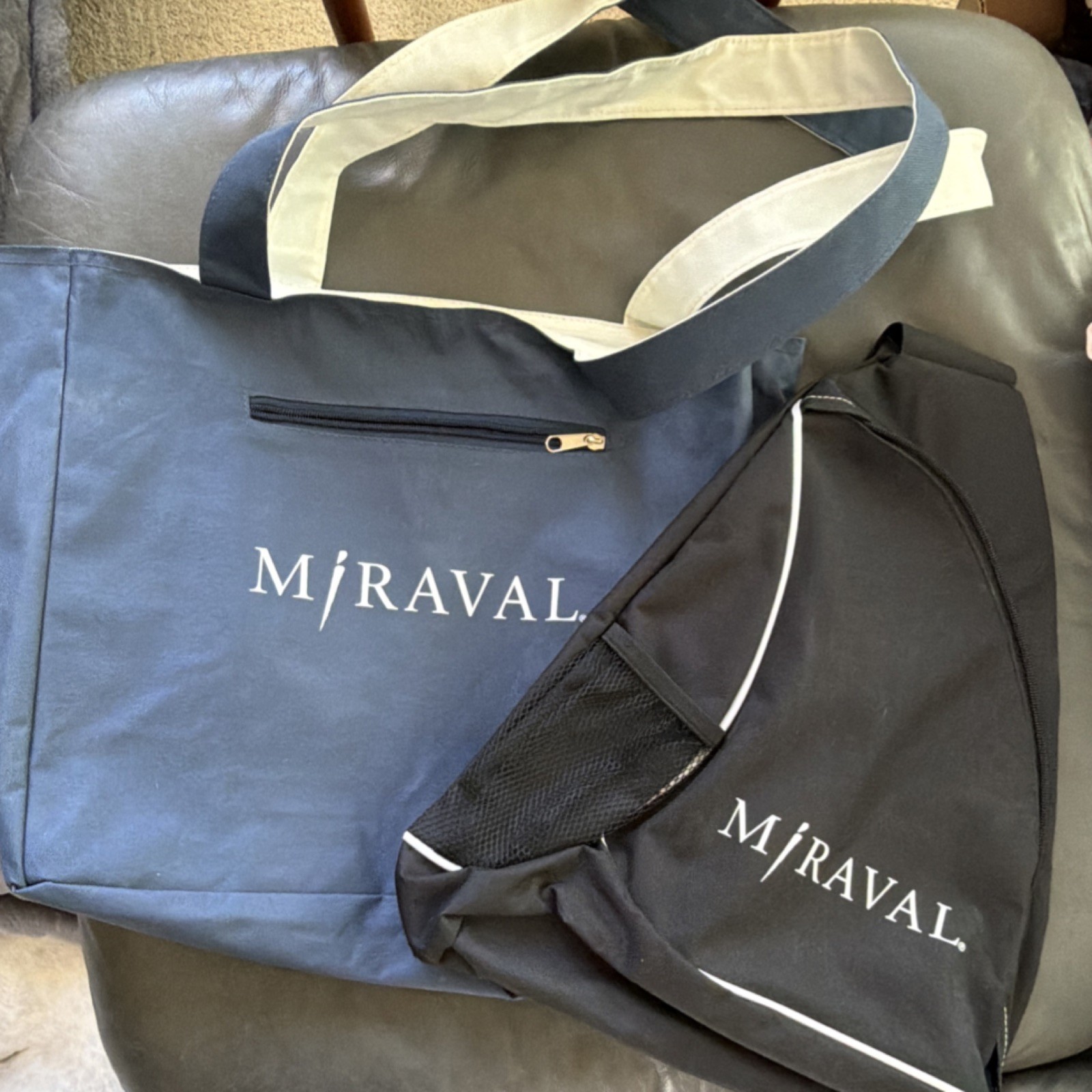 Miraval Reversible Blue and White Tote Bag and Black Sling Bag