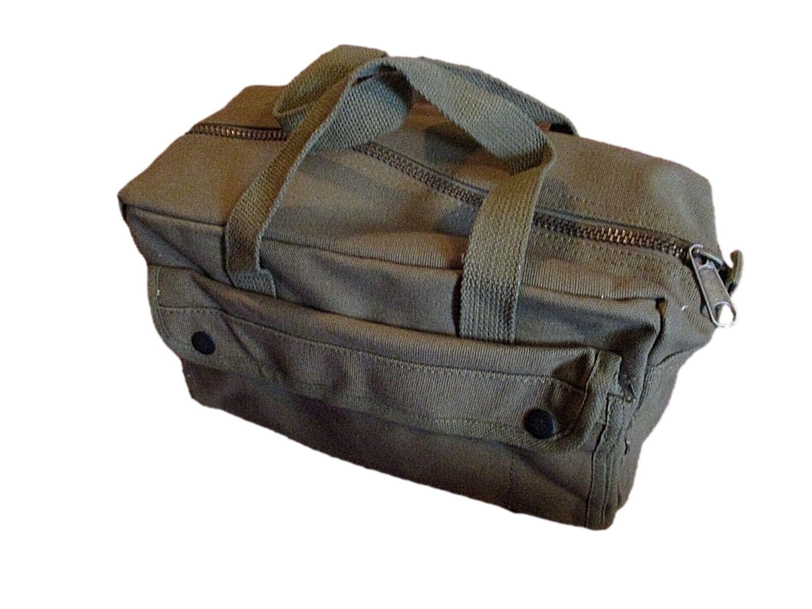 HEAVY DUTY GREEN MILITARY STYLE MECHANICS HARD BOTTOM TOOL BAG BRASS ZIPPER