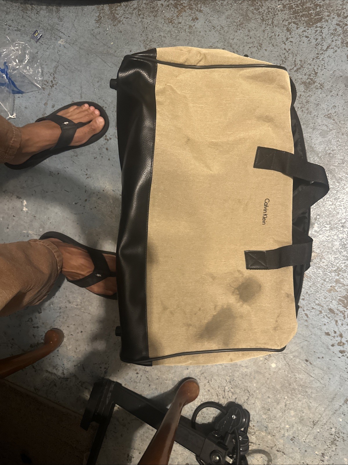 Beige Unisex Calvin Klein Duffel Bag, Carry On, Travel Tote 21x12x10″