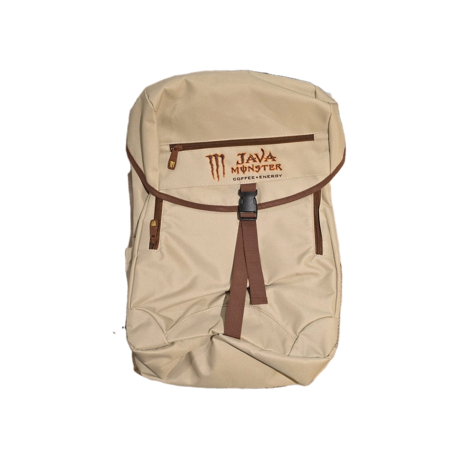 Monster Java Coffee Energy Backpack Beige Brown Adjustable Strap Pockets