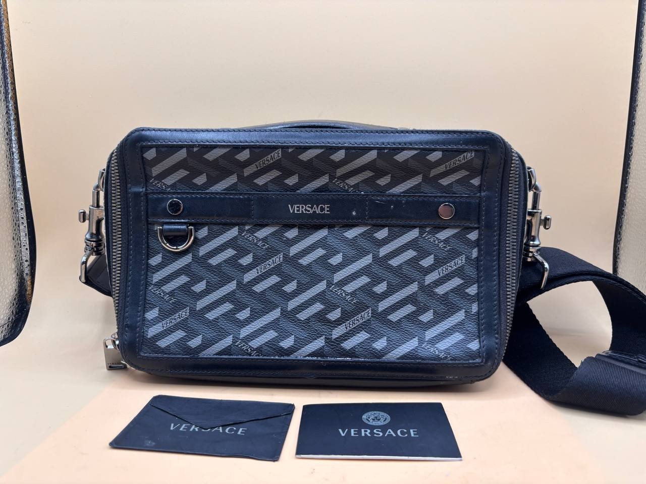 Versace Coated Canvas La Greca Signature Messenger Bag Black Gray PH9