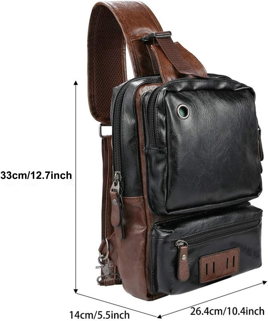 Men’S Lightweight PU Leather Sling Bag – Breathable Crossbody Pack with USB Char