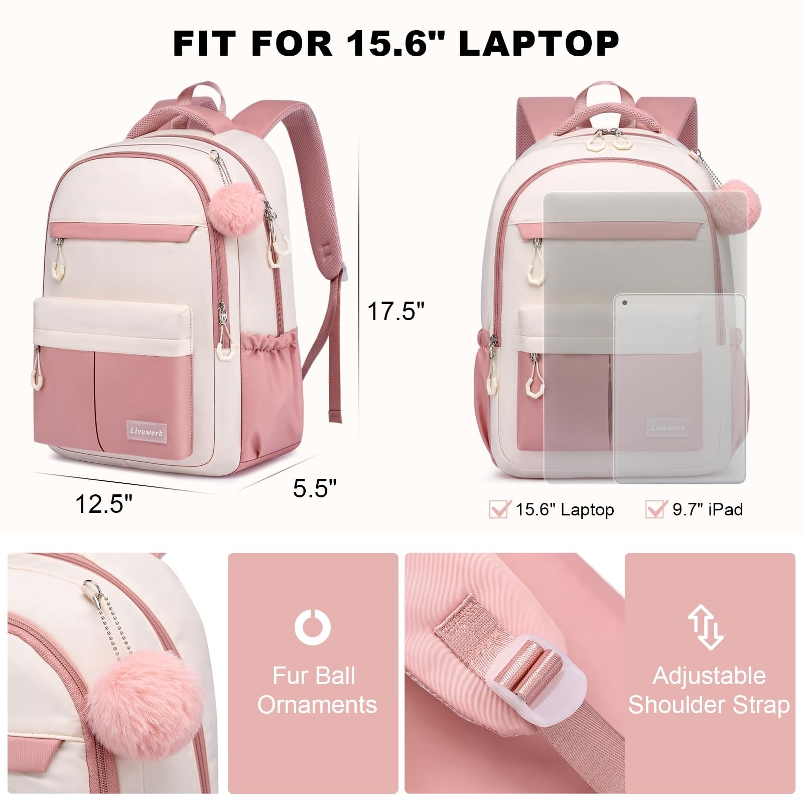School Laptop Backpack for Teen Girls: 15.6 Inch Cute College Bookbag Waterproof