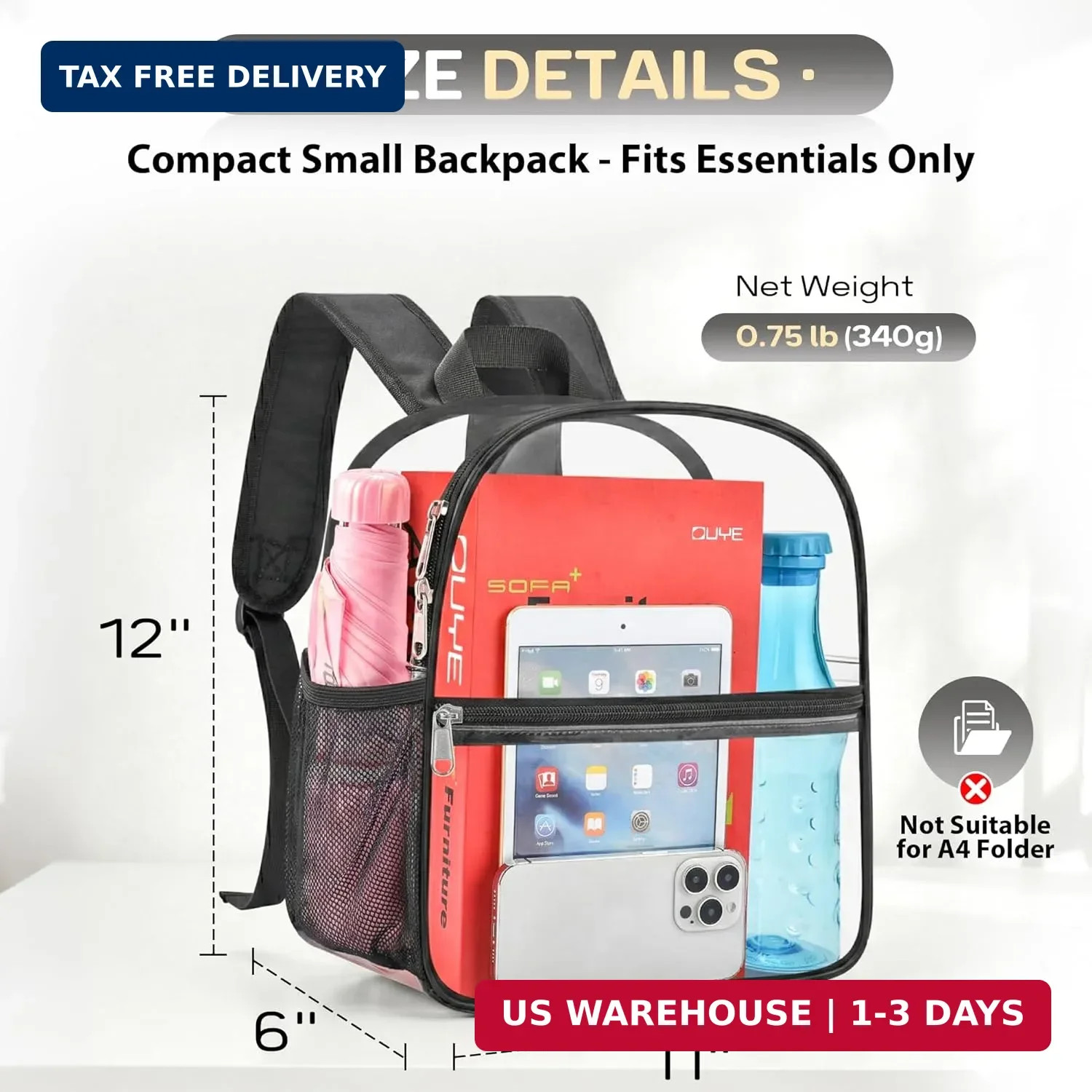 Oraben Clear Backpack Stadium Approved, Clear Bag 12 x 6 x 11 in, Small Transpar