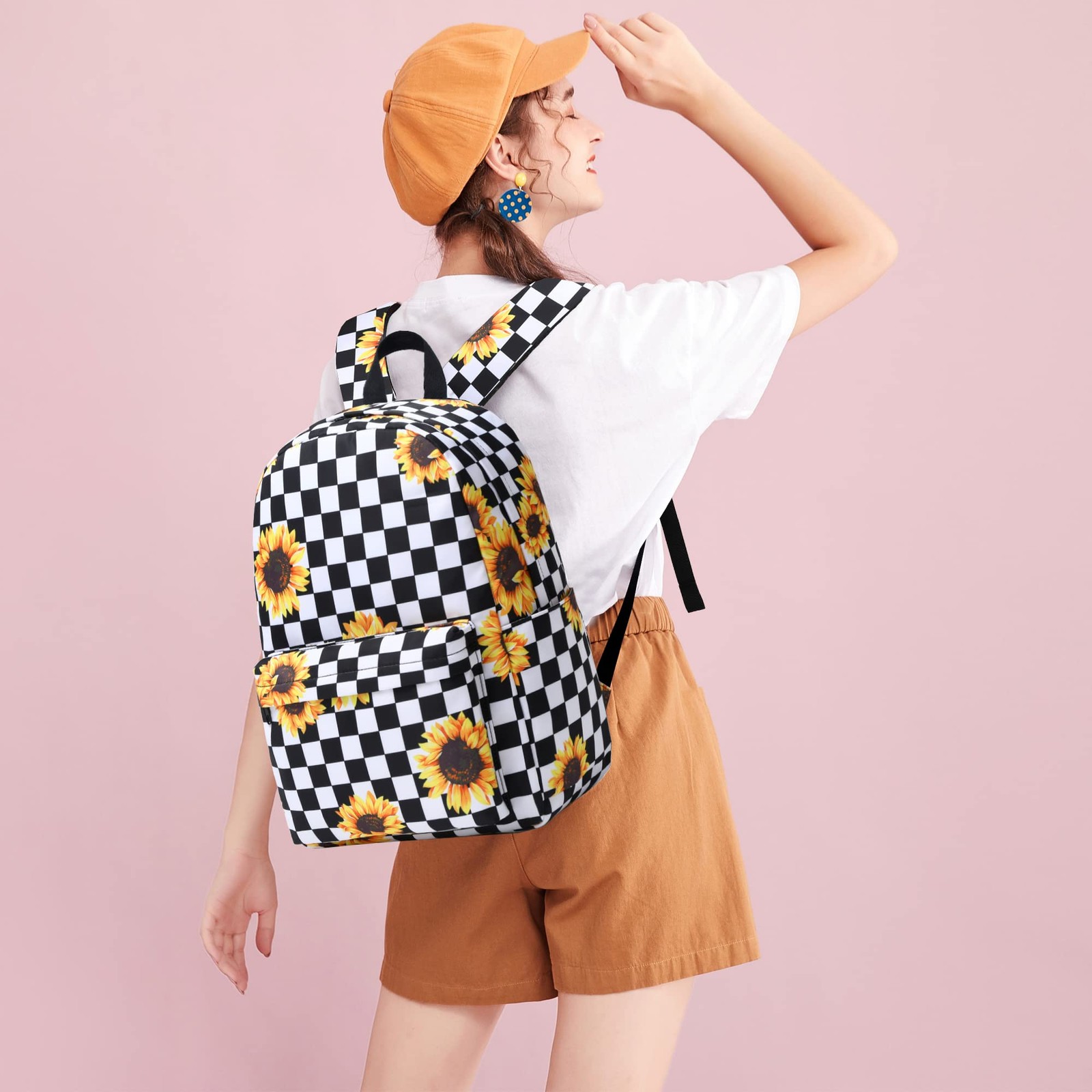 School Backpack Girls Women Checkered Sunflower Bookbag Laptop Bag Ladies Teen