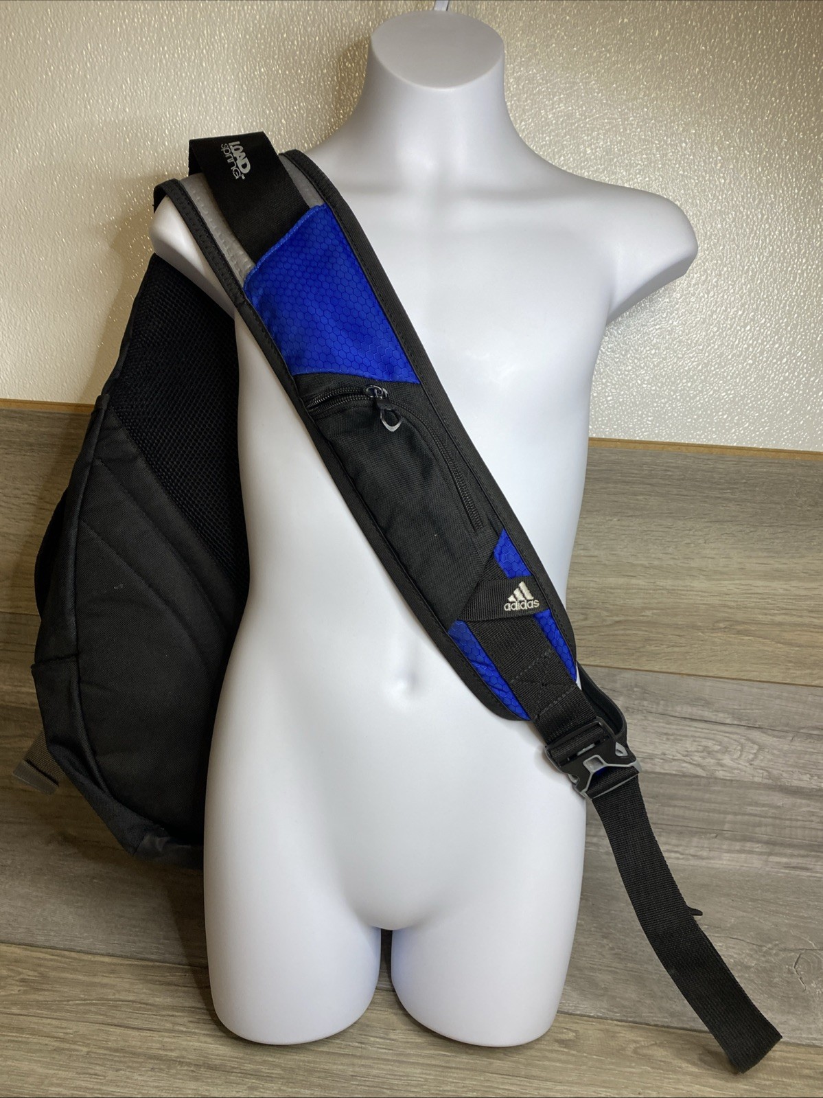 Adidas Sling Backpack Spring Load Crossbody Shoulder Strap 16×20 Black Blue Gray