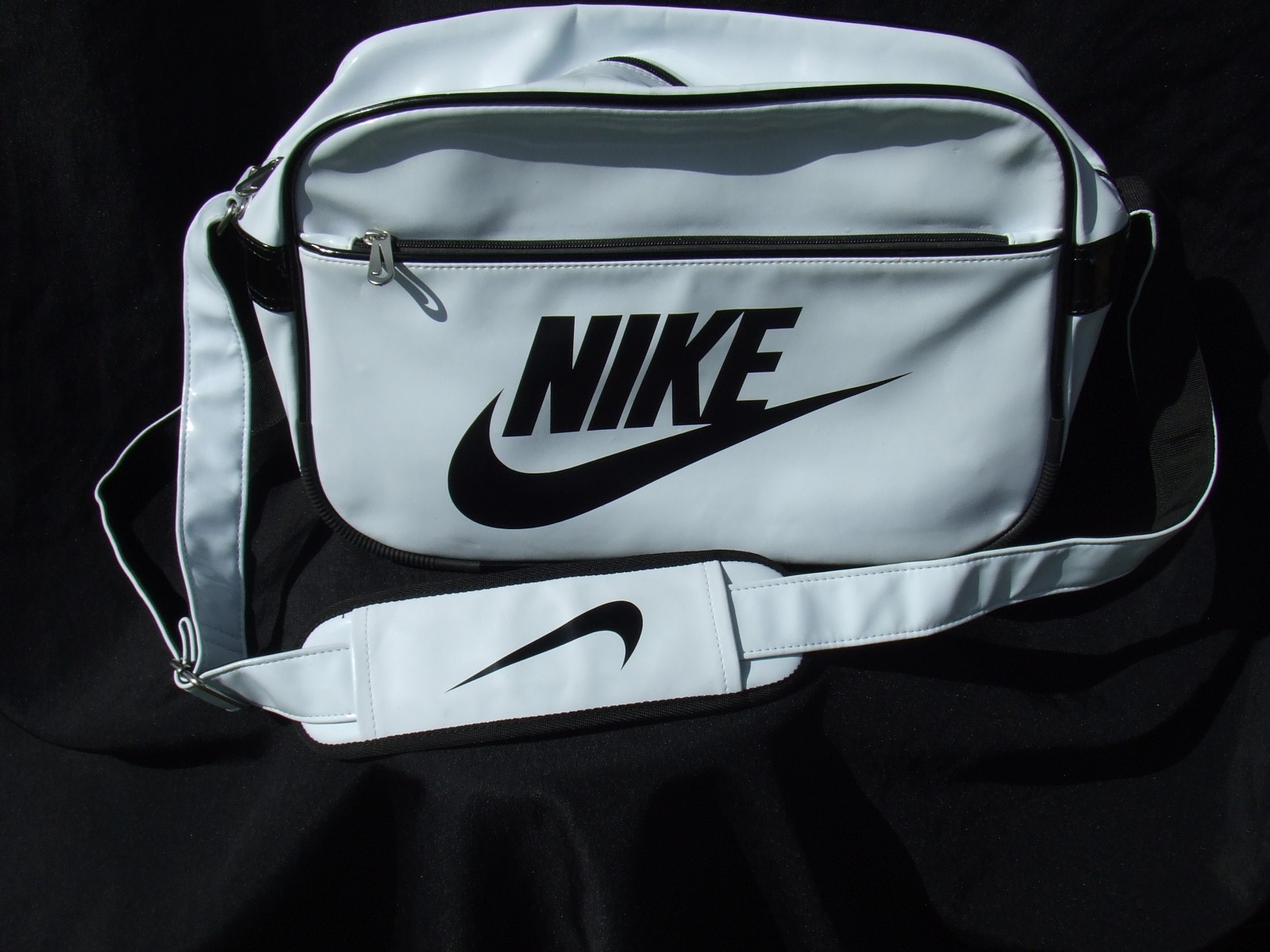Vintage 90s Nike Patent Leather Messenger Bag Side Body White Black Swoosh Sport