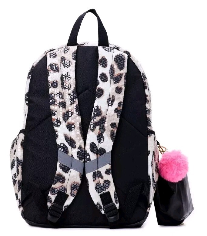 JUSTICE Girls 17″ Backpack Set with Lunch Bag, PomPom & Pouch Leopard 4-Pcs