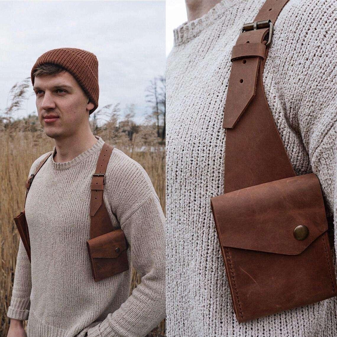 Hip-hop Men Leather Shoulder Holster Bag Sleeveless Harness Vest Bag Tactical