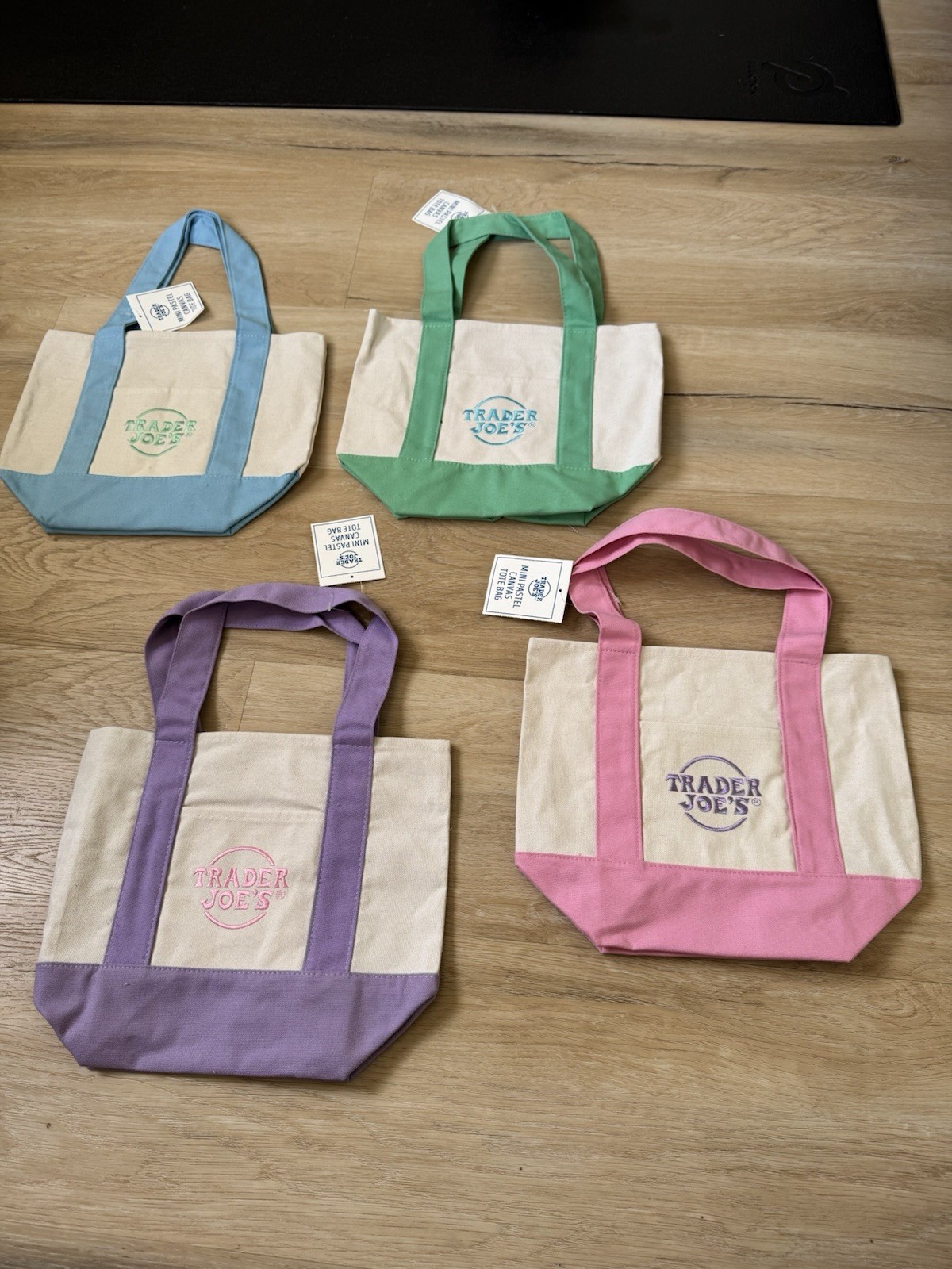 Trader Joe’s Pastel Mini Canvas Tote Bags 2025 LIMITED EDITION NWT LOT OF 4!