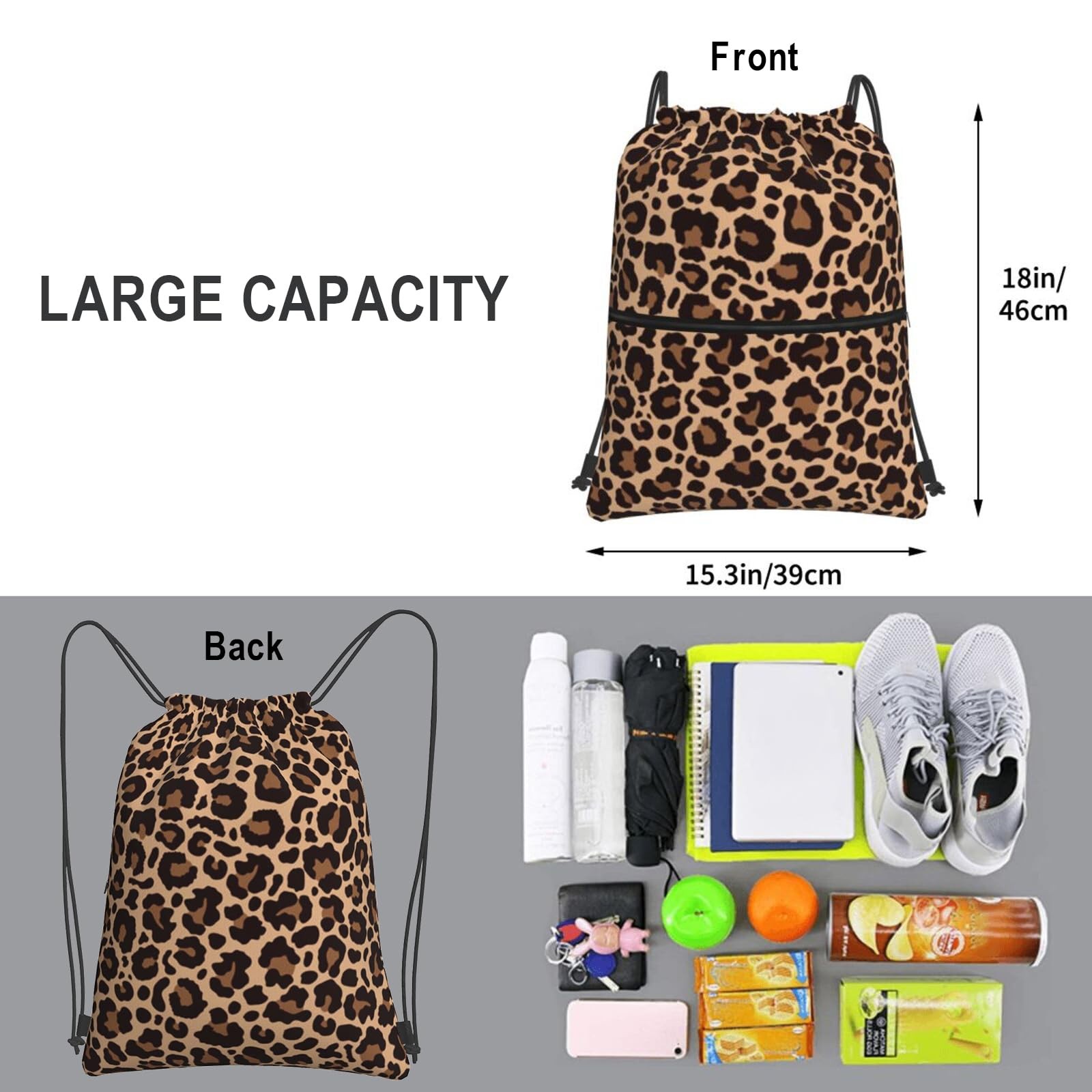 Leopard Print Drawstring Backpack Gym Sackpack Waterproof Beach String Bag